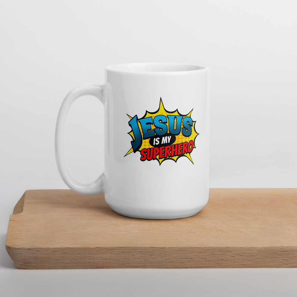 JESUS IS MY SUPERHERO - White Glossy Mug