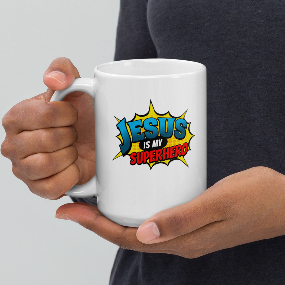 JESUS IS MY SUPERHERO - White Glossy Mug