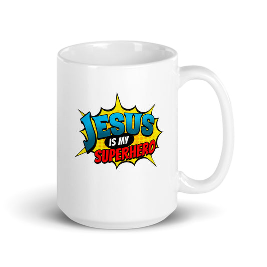 JESUS IS MY SUPERHERO - White Glossy Mug